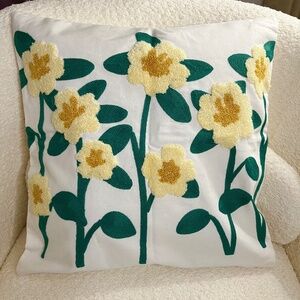 2PC Embroidered Floral Pillowcase - Yellow flowers and green leaves